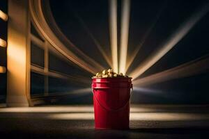 een rood emmer gevulde met popcorn in voorkant van een licht. ai-gegenereerd foto