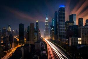 een stad Bij nacht met lichten en verkeer. ai-gegenereerd foto