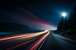 een lang blootstelling fotograaf van een snelweg Bij nacht. ai-gegenereerd foto