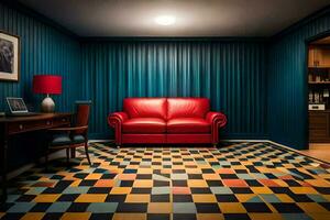 een kamer met een rood bankstel en een geruit vloer. ai-gegenereerd foto