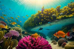 een onderwater- tafereel met kleurrijk koraal en vis. ai-gegenereerd foto