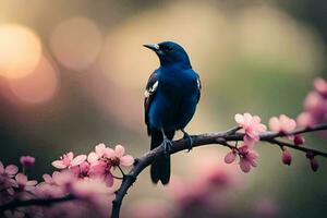 een blauw vogel zit Aan een Afdeling met roze bloemen. ai-gegenereerd foto