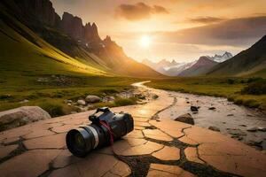 de camera is Aan de grond in voorkant van een berg stroom. ai-gegenereerd foto