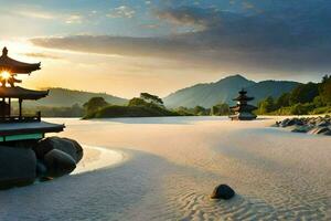 de zon sets over- een pagode in de midden- van een zanderig strand. ai-gegenereerd foto