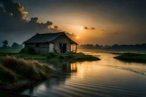 de huis in de rivier. ai-gegenereerd foto