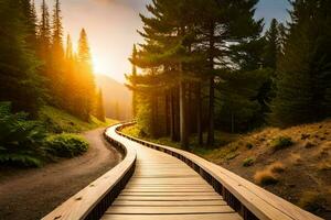 een houten pad Leidt naar de zon in de Woud. ai-gegenereerd foto