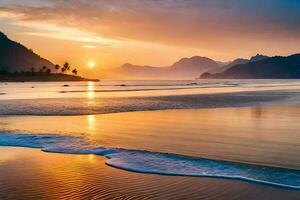 de zon sets Aan de strand in Brazilië. ai-gegenereerd foto
