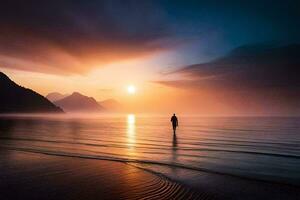 een Mens staand Aan de strand Bij zonsondergang. ai-gegenereerd foto