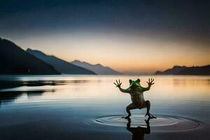 een kikker staand Aan haar achter poten in de water. ai-gegenereerd foto