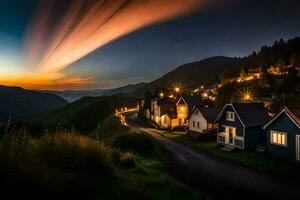 een dorp Bij zonsondergang met een lang streep van licht. ai-gegenereerd foto