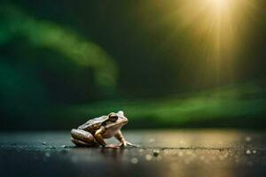 een kikker zittend Aan de grond in voorkant van een helder licht. ai-gegenereerd foto