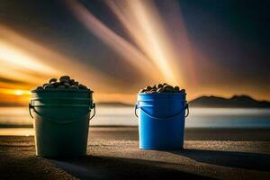 twee emmers van zand Aan de strand Bij zonsondergang. ai-gegenereerd foto