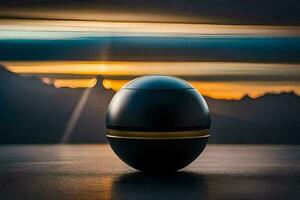 een zwart bal zittend Aan een tafel met een zonsondergang in de achtergrond. ai-gegenereerd foto