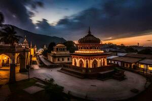 de zonsondergang over- de tempel in de midden- van een dorp. ai-gegenereerd foto