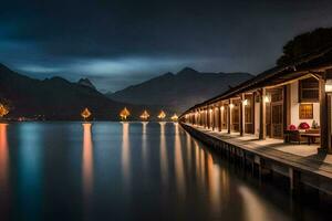 foto behang de lucht, bergen, meer, de water, de bergen, de meer, de. ai-gegenereerd