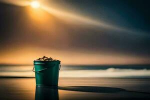 een emmer van zand Aan de strand Bij zonsondergang. ai-gegenereerd foto