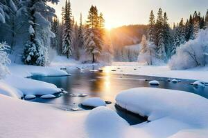 een rivier- in de sneeuw met bomen en rotsen. ai-gegenereerd foto