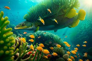 een vis zwemmen in de oceaan omringd door koraal. ai-gegenereerd foto