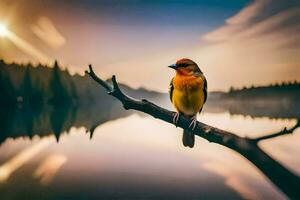 een vogel zit Aan een Afdeling in de buurt een meer. ai-gegenereerd foto