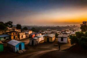 een dorp Bij zonsondergang met hutten en bomen. ai-gegenereerd foto
