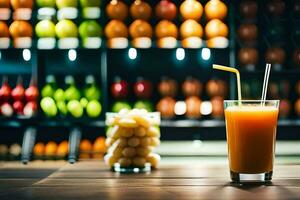 een glas van oranje sap zit Aan een tafel in voorkant van een op te slaan. ai-gegenereerd foto