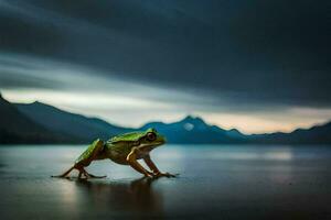 een kikker Aan de rand van de water. ai-gegenereerd foto