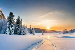 een besneeuwd landschap met bomen en een zon instelling. ai-gegenereerd foto