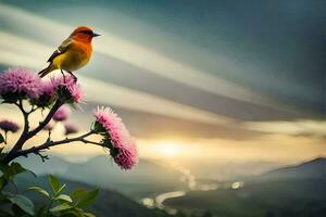 een vogel neergestreken Aan een bloem in de zonsondergang. ai-gegenereerd foto