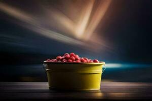 een emmer van rood bessen Aan een tafel. ai-gegenereerd foto