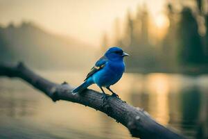 een blauw vogel zit Aan een Afdeling in de buurt een meer. ai-gegenereerd foto