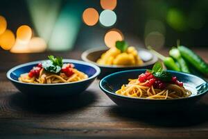 drie kommen van pasta met tomaat saus Aan een houten tafel. ai-gegenereerd foto