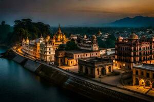 de stad van katmandu, Nepal Bij schemering. ai-gegenereerd foto