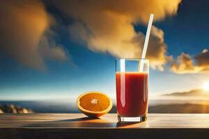 een glas van sap met een rietje Aan een tafel in voorkant van een zonsondergang. ai-gegenereerd foto