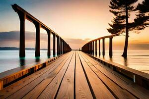 een houten pier strekt zich uit uit in de oceaan Bij zonsondergang. ai-gegenereerd foto