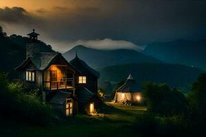 foto behang de lucht, bergen, huis, licht, de bergen, huis, de lucht,. ai-gegenereerd
