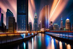 een stad horizon Bij nacht met lichten en water. ai-gegenereerd foto