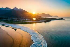 de zon stijgt over- de strand en bergen in Rio de janeiro, Brazilië. ai-gegenereerd foto