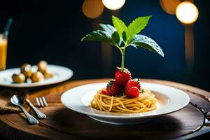 spaghetti met aardbeien Aan een bord. ai-gegenereerd foto