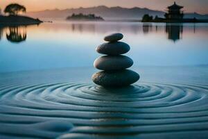 een stack van stenen in de water Bij zonsondergang. ai-gegenereerd foto