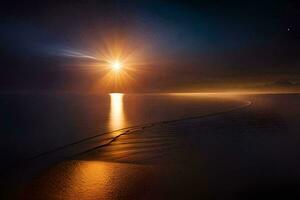 de zon is schijnend over- een strand Bij nacht. ai-gegenereerd foto