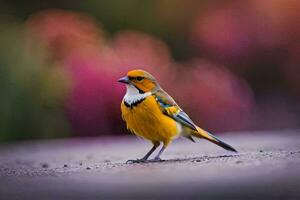 een klein geel en oranje vogel staand Aan de grond. ai-gegenereerd foto