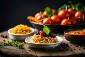 spaghetti met tomaten, basilicum en kaas Aan een houten tafel. ai-gegenereerd foto