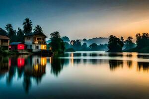 een huis Aan de water Bij zonsondergang met bomen en palm bomen. ai-gegenereerd foto