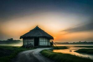 een klein hut zit Aan de kant van een rivier- Bij zonsopkomst. ai-gegenereerd foto