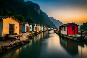 foto behang de lucht, water, bergen, huizen, de bergen, de water, de bergen. ai-gegenereerd