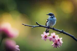 een klein vogel zit Aan een Afdeling met roze bloemen. ai-gegenereerd foto