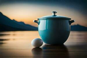 een blauw pot en een ei Aan een tafel. ai-gegenereerd foto