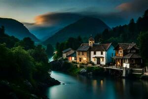 foto behang de lucht, bergen, rivier, huis, rivier, huis, rivier, huis,. ai-gegenereerd