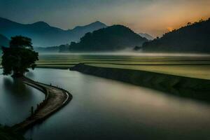 een rivier- in de midden- van een rijst- veld. ai-gegenereerd foto