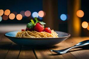 een bord van pasta met aardbeien en een vork. ai-gegenereerd foto